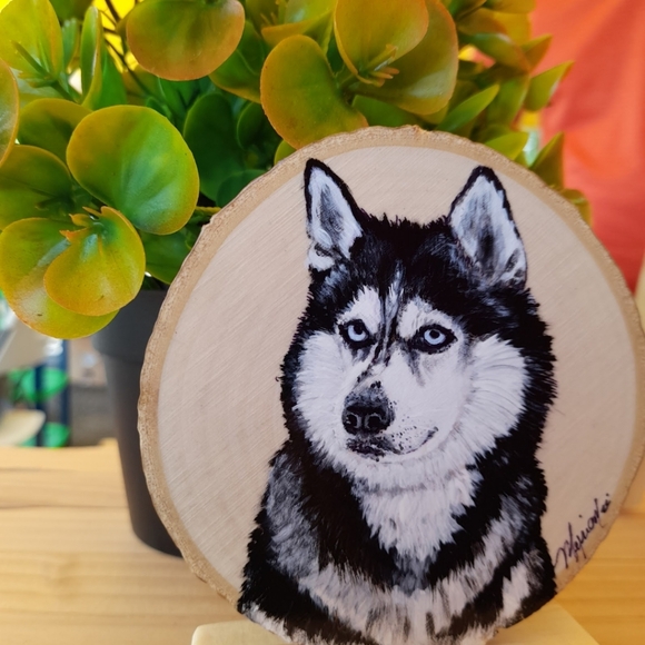 Hand-painted Wooden Tile of Siberian Husky - Picture 2 of 7